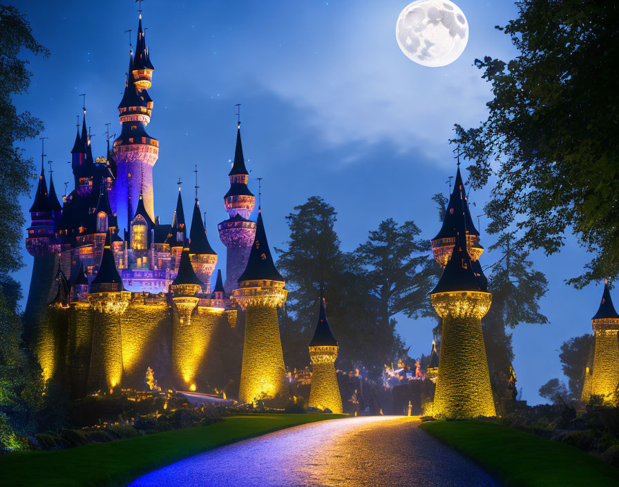 The beautiful castle ,night ,full moon