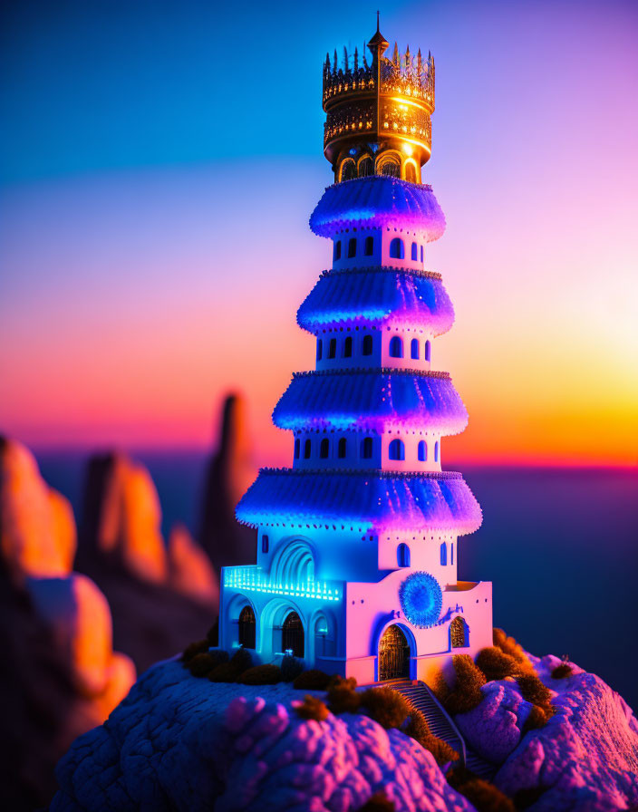 Miniature Fantasy Castle with Blue and White Tiers at Sunset