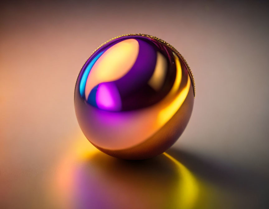 Multicolored reflective sphere with purple, gold, and blue hues on soft-lit surface