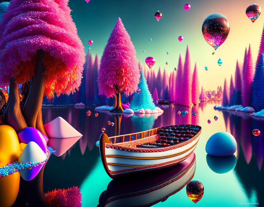 Colorful surreal landscape with pink trees, boat, crystals, and balloons