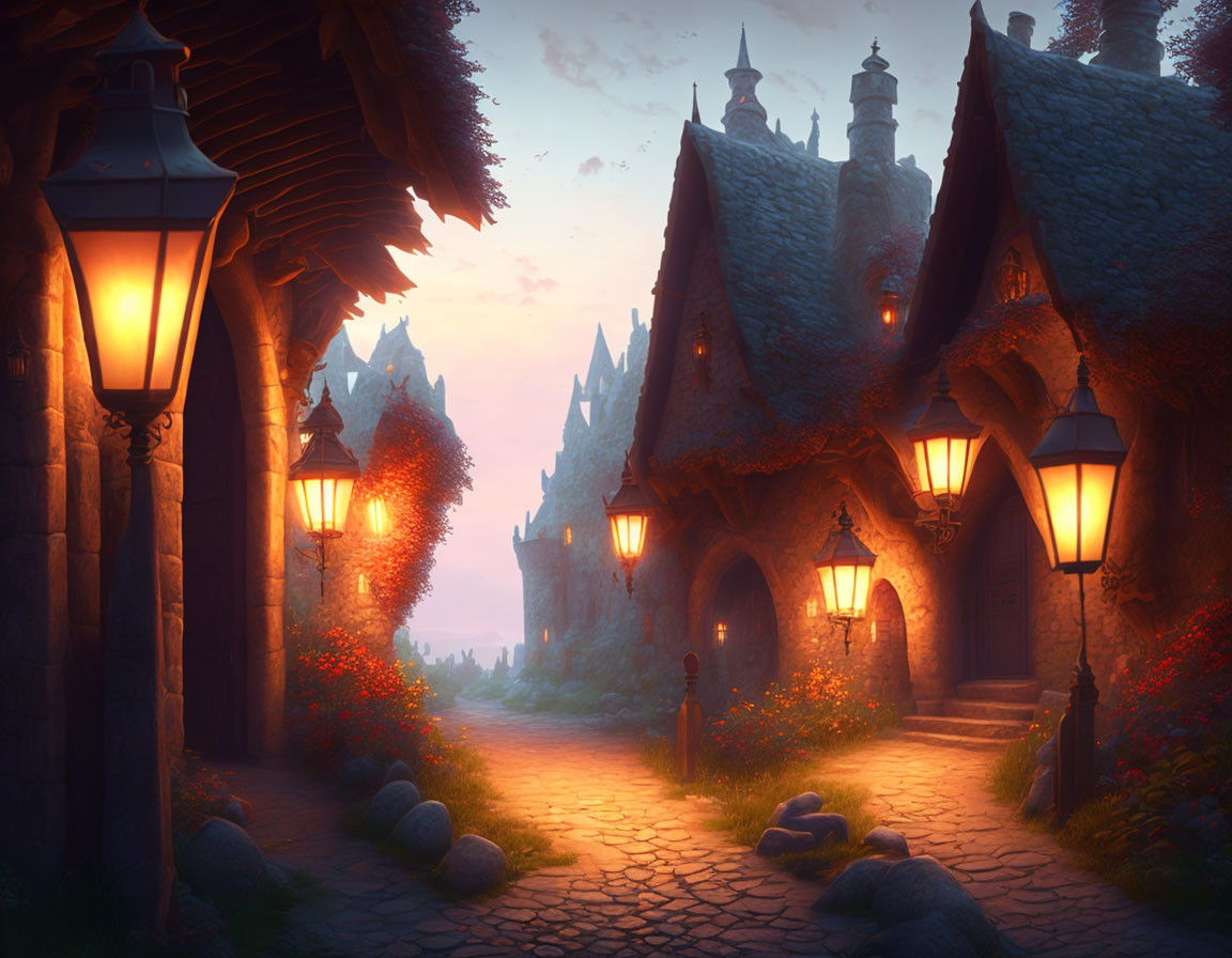 Twilight cobblestone path to ivy-clad cottage with lanterns & castle view