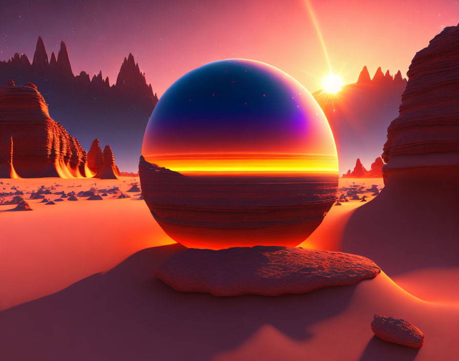 Surreal desert landscape: large reflective sphere, starry sky, orange dunes