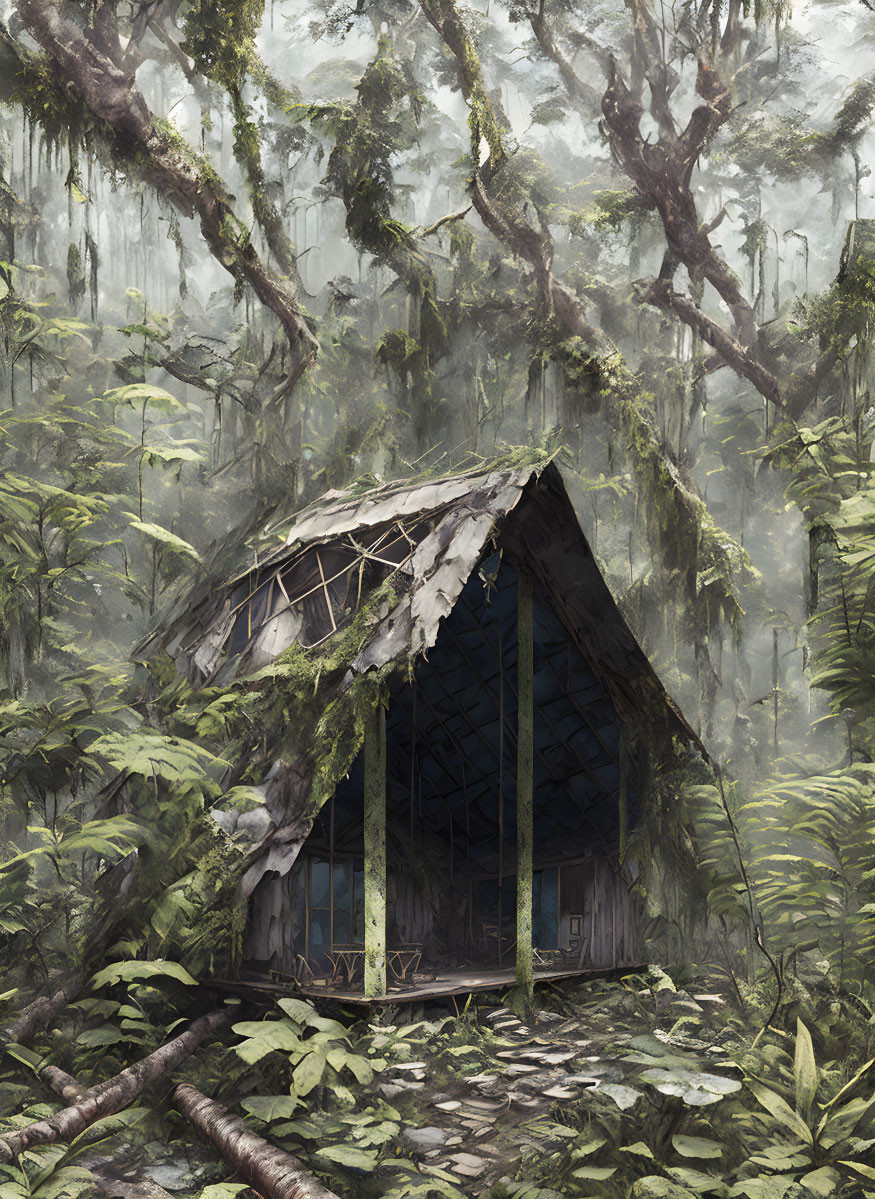 Rustic cabin in foggy forest with lush greenery