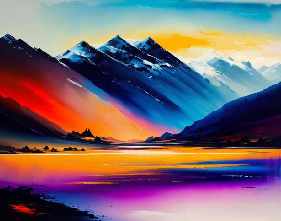 Colorful sunset over mountainous landscape with lake reflection