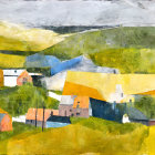 Vivid countryside painting with yellow and green fields, blue and white houses, and a touch of red