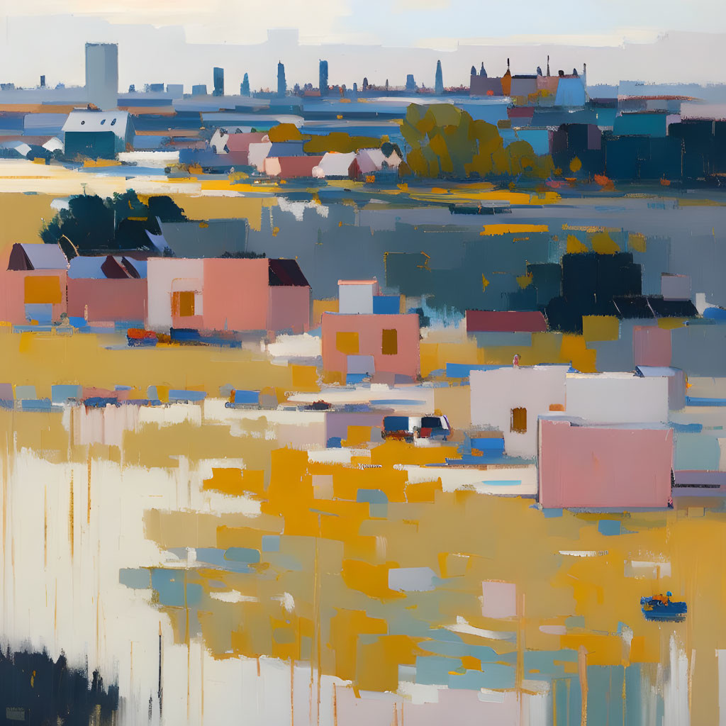 Pastel-colored abstract cityscape painting with water reflections