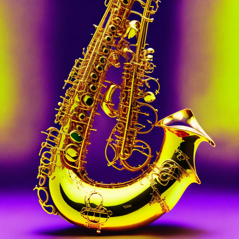 Golden saxophone on purple and yellow gradient background