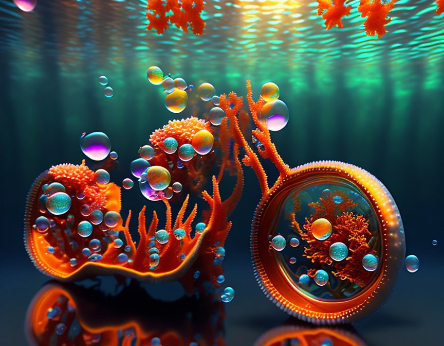 Colorful Digital Artwork: Orange Coral Structures in Underwater Scene