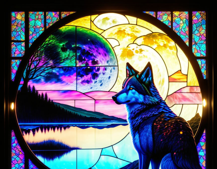 Colorful stained glass window with wolf and celestial landscape.