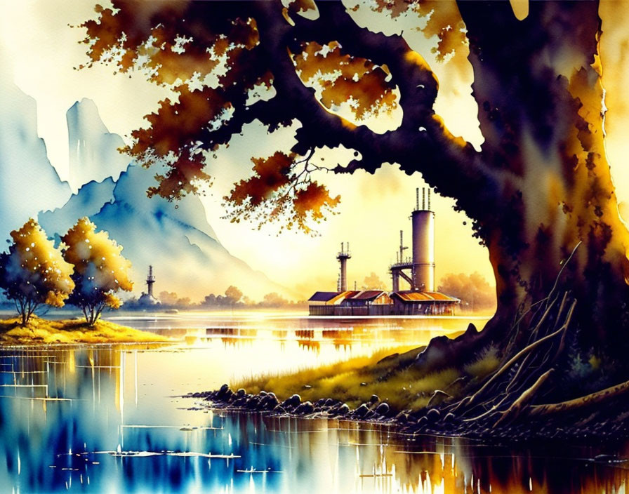 Watercolor painting: Serene lakeside scene with autumn tree and industrial facility