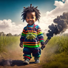 Toddler with dreadlocks in colorful clothes with elephant in sunny background