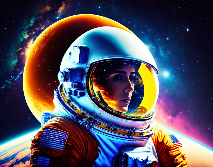Astronaut in space suit with stars reflection, cosmic background & celestial body