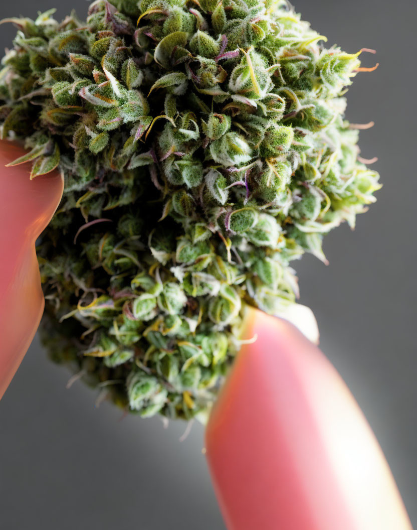 Detailed Close-Up of Cannabis Bud with Trichomes on Grey Background