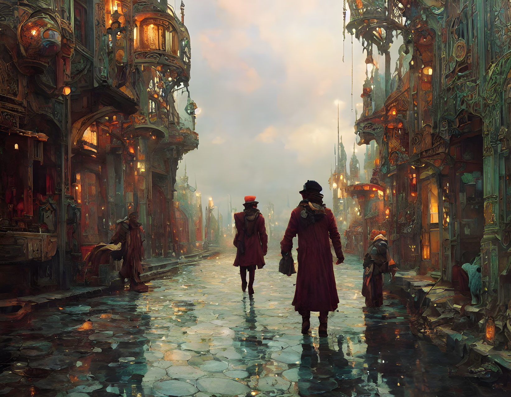 Pair in Red Coats and Tricorn Hats Explore Steampunk City