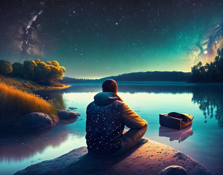 Person admires starry sky by lake with boat and forest at night
