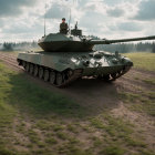 Military tank with soldier on dirt road in grassy field under cloudy sky
