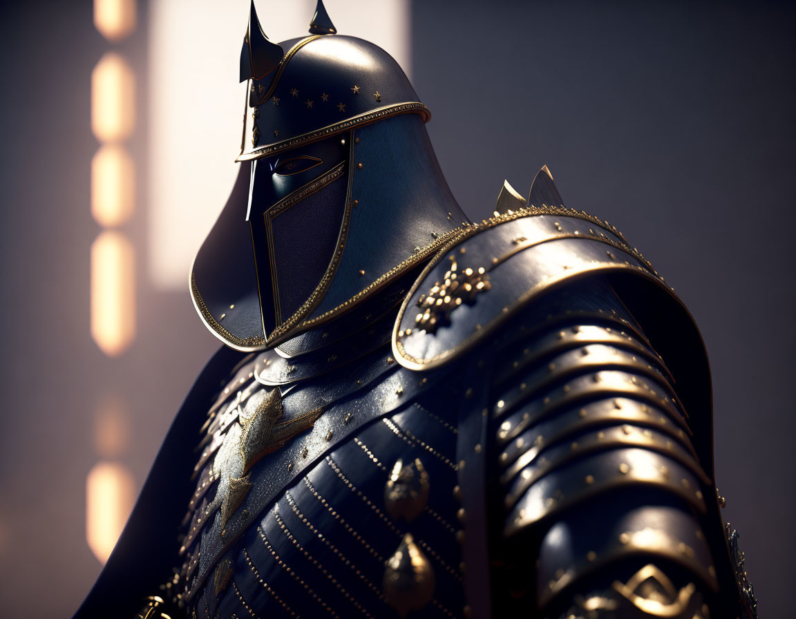 Medieval knight in dark armor with gold accents under moody lighting