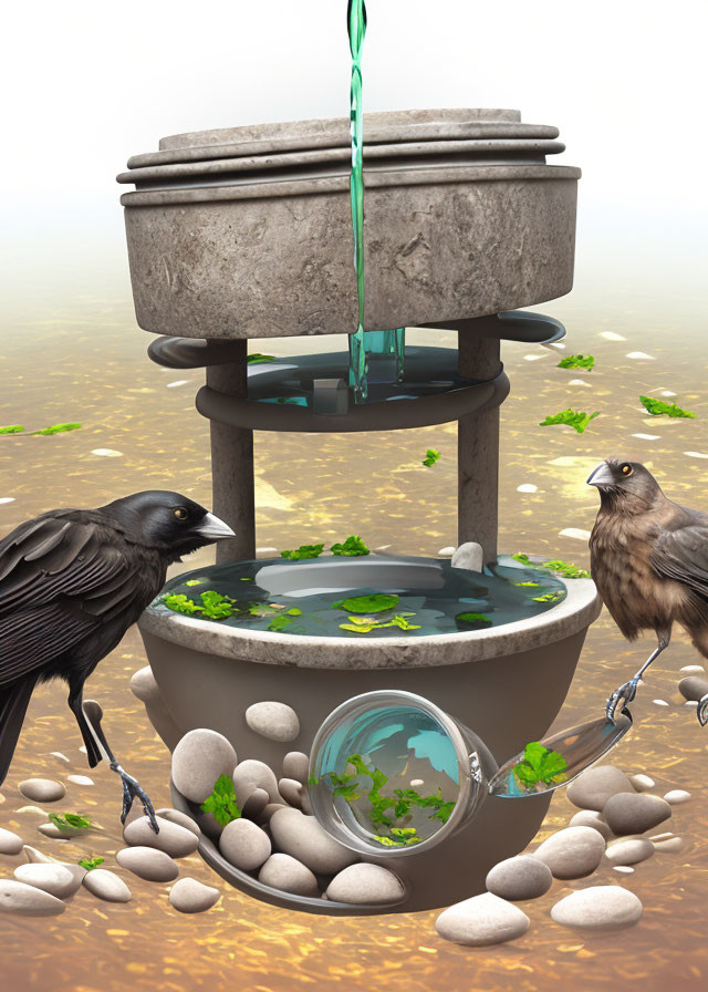 Surreal bird and stone fountain with underwater porthole
