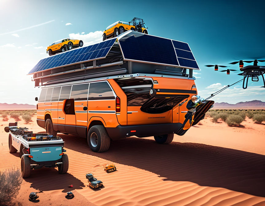 Orange van with solar panels in desert with drones and robots under clear sky