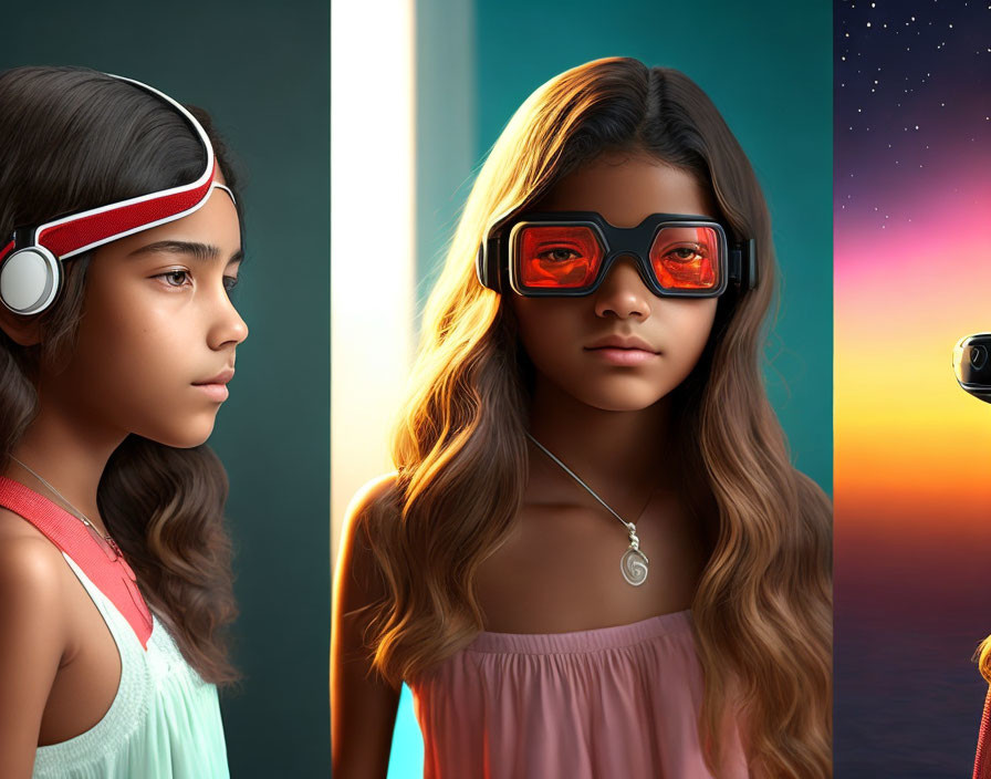 Split image: Girl with headphones & futuristic glasses on colorful sunset backdrop