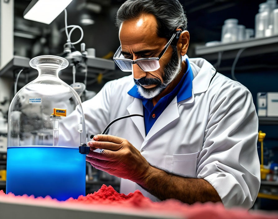 Scientist analyzing bright blue chemical solution in laboratory