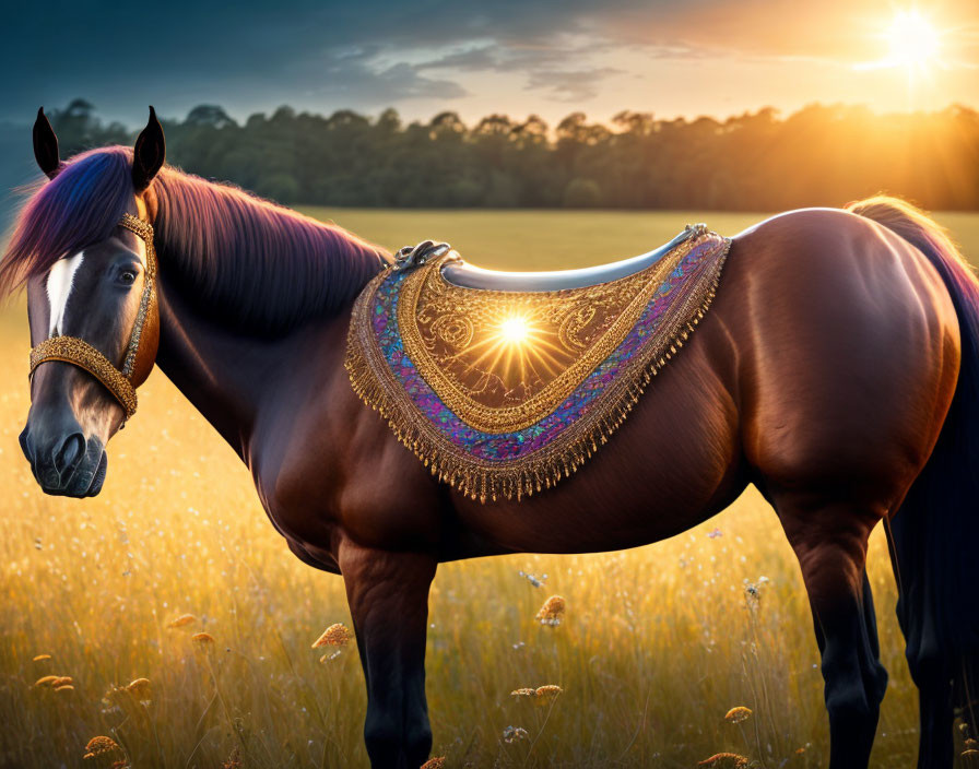Bay Horse in Field at Sunset with Ornate Saddle Blanket