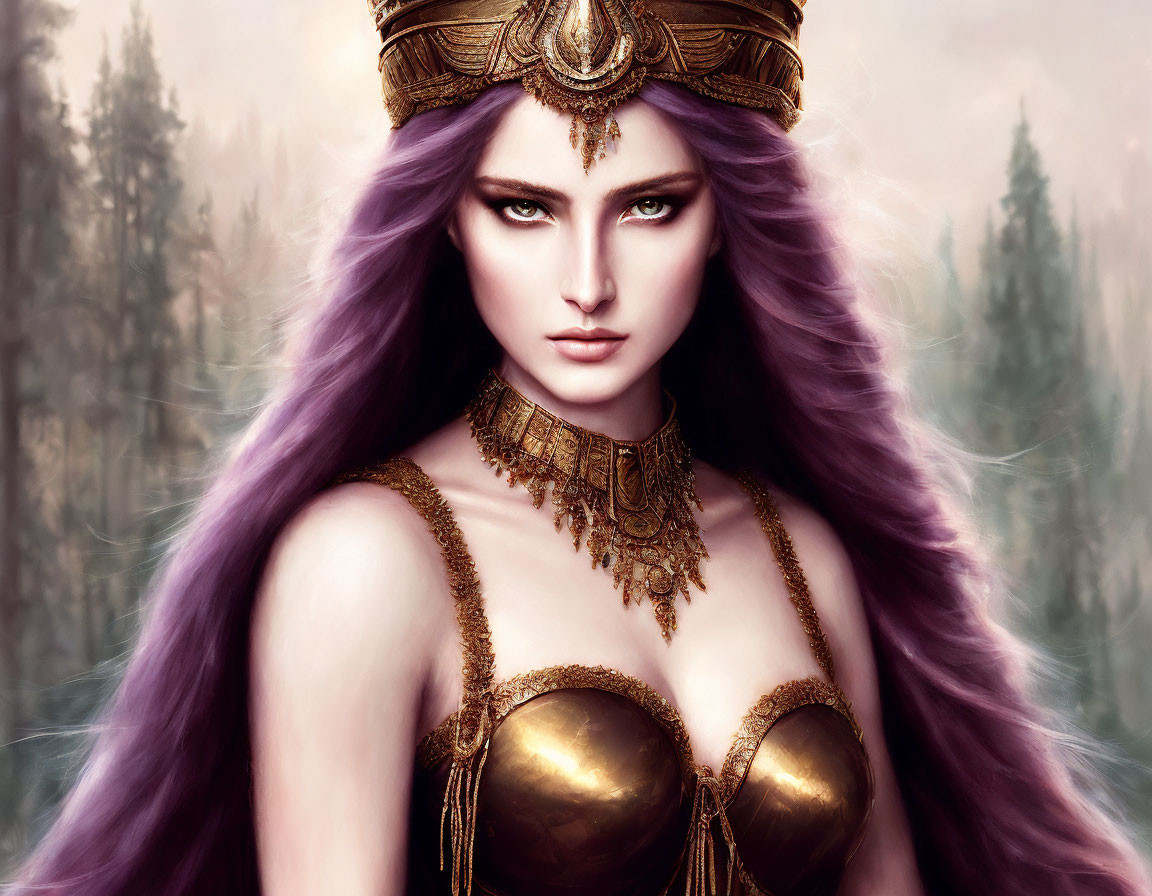Digital artwork of regal woman with purple hair, golden crown, and forest backdrop
