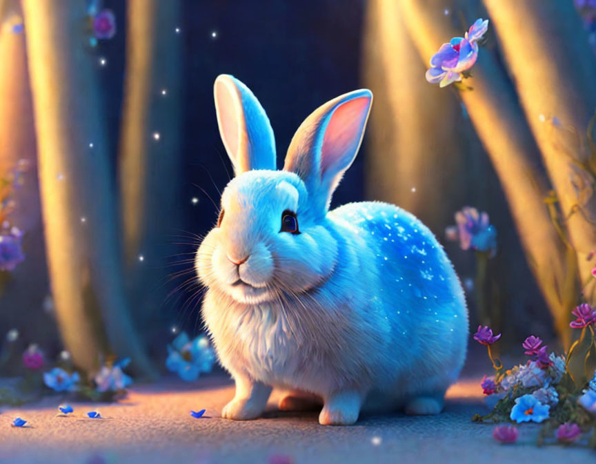 Glowing blue rabbit in enchanted forest twilight scene
