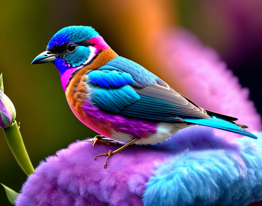 Colorful Bird on Purple Surface with Floral Background