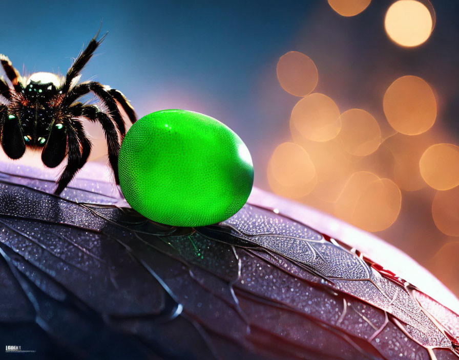 Close-up shot of green object on dark wing with black spider and golden bokeh lights.