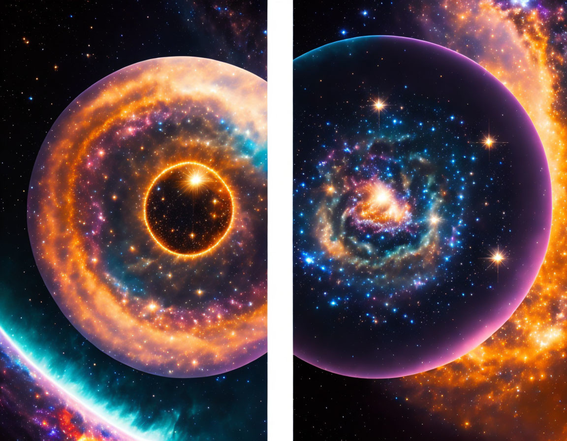 Composite of Glowing Nebula and Spiral Galaxy in Circular Frames