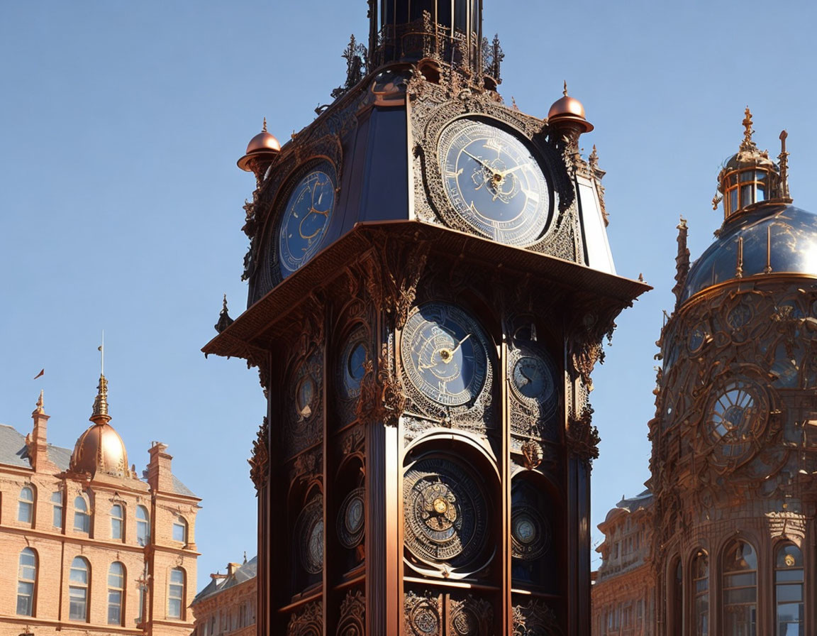 Ornate clock tower with multiple clock faces against blue sky and copper-domed rooftops.