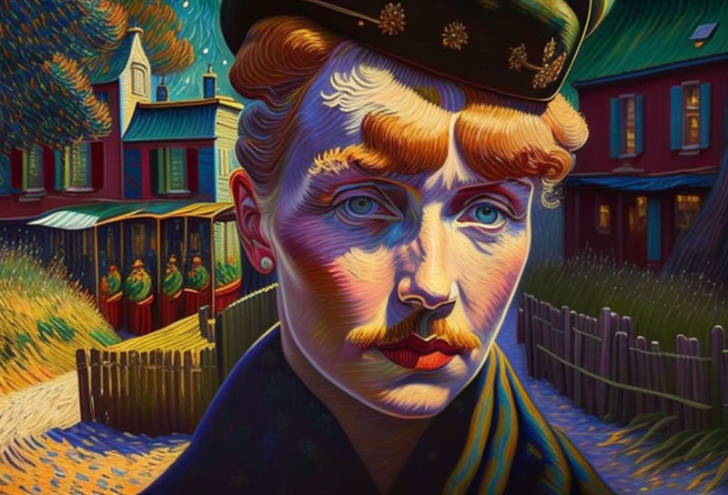 Colorful Vincent van Gogh-inspired portrait with military figure in post-impressionist setting.