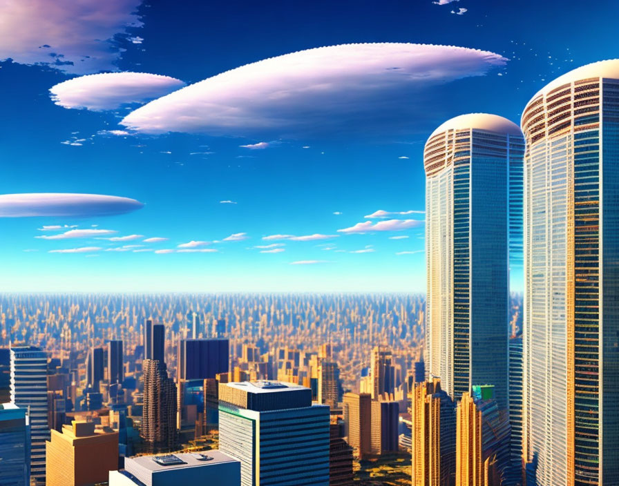 Futuristic cityscape with towering skyscrapers and unique disc-shaped clouds