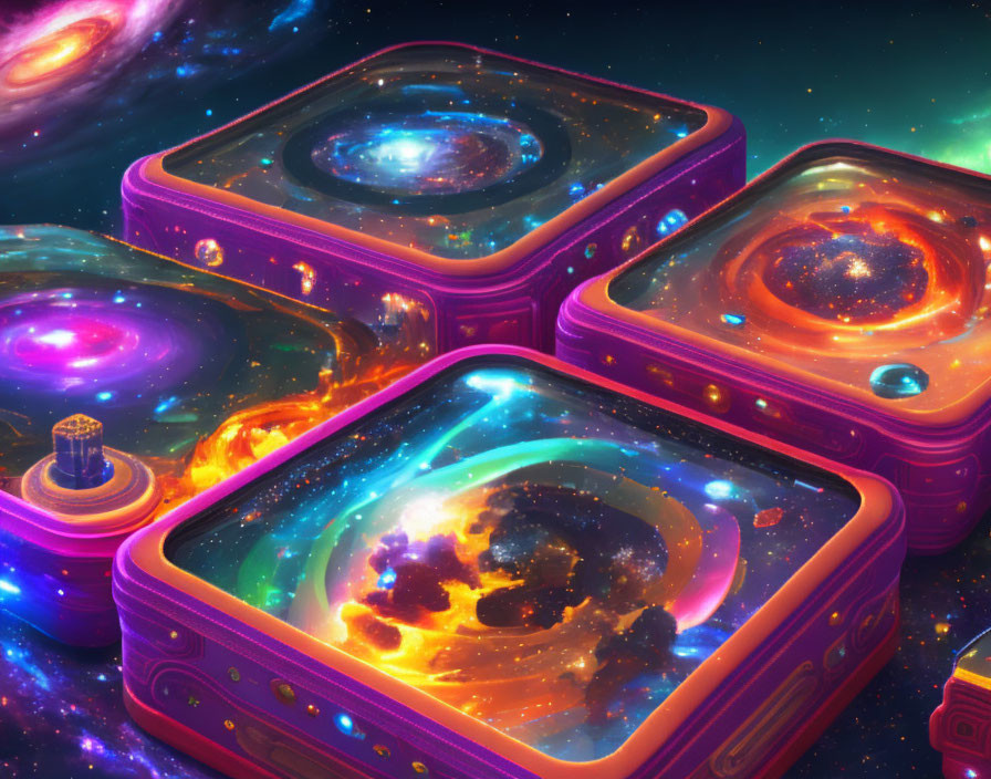 Colorful Cosmic Scene: Galaxies in Glowing Cubes Amidst Space