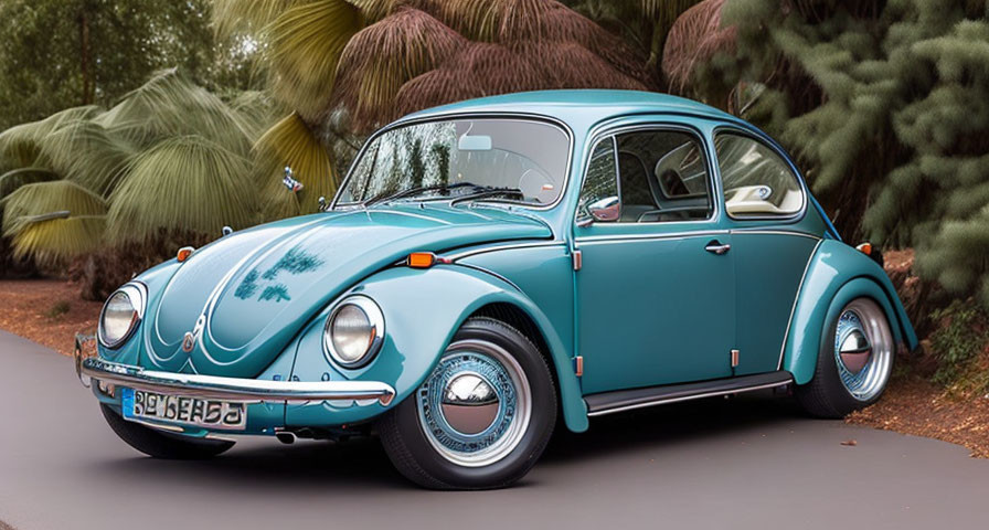 Vintage Teal Volkswagen Beetle with Chrome Hubcaps in Nature