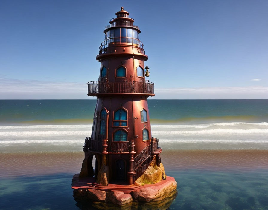 Ornate whimsical lighthouse on rock outcrop by serene blue sea