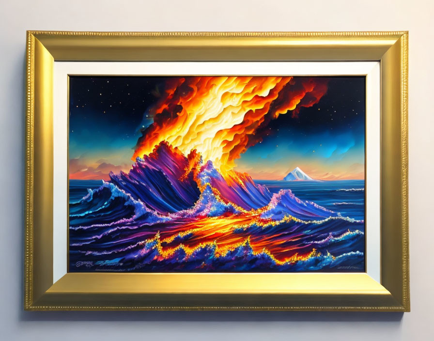 Fiery explosion over tumultuous waves in gold frame