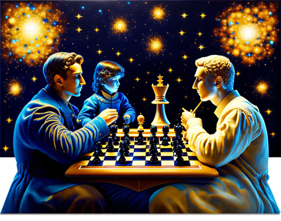 Illustration of two people playing chess in galaxy setting