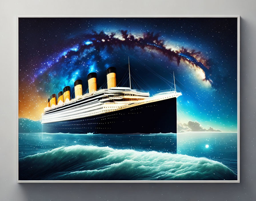 Vintage ocean liner under starry sky with cosmic colors and celestial bodies.