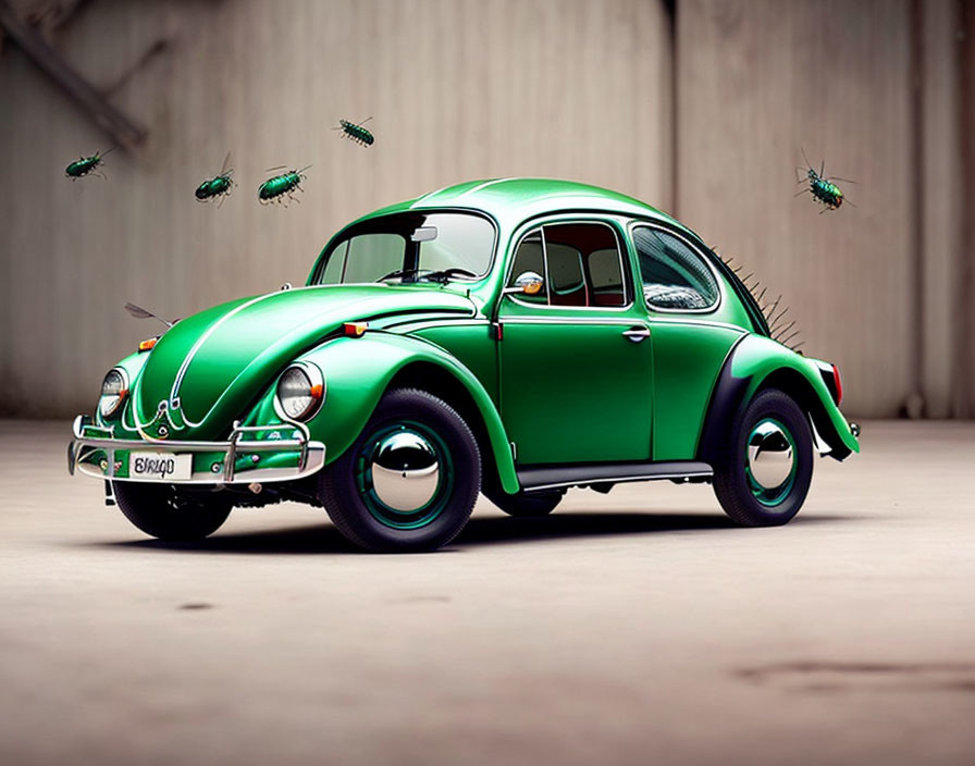 Green Volkswagen Beetle with insect-like wings and legs on neutral background