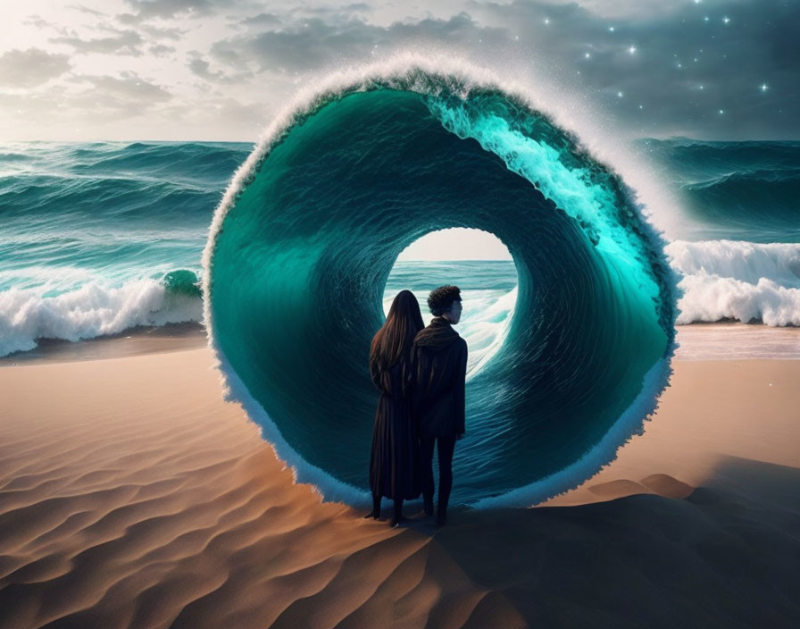 Couple at entrance of surreal oversized wave tunnel on beach