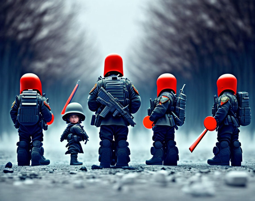 Five soldier toy figures with red helmets and equipment on foggy path