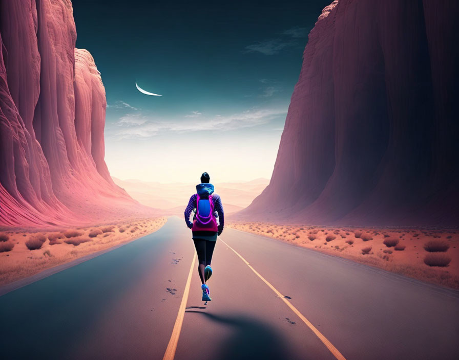 Person jogging on desert road under twilight sky with crescent moon