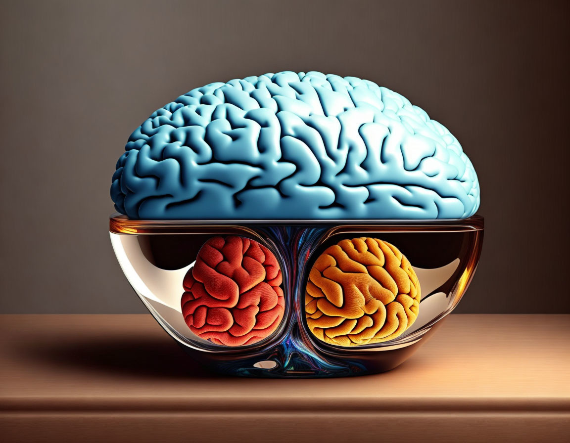 Colorful Human Brain Model in Glass Dish on Wood Surface