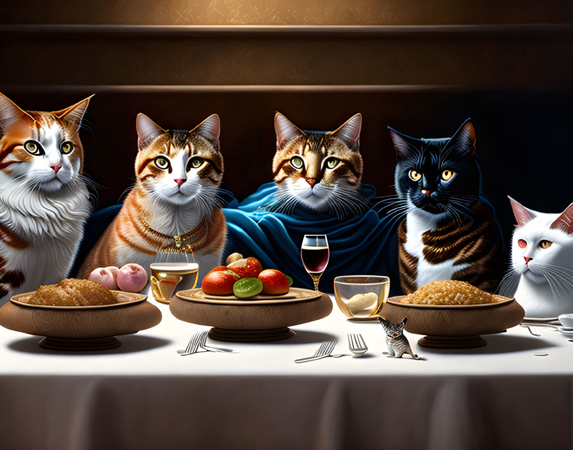 Five cats at a table with food, resembling 'The Last Supper' scene
