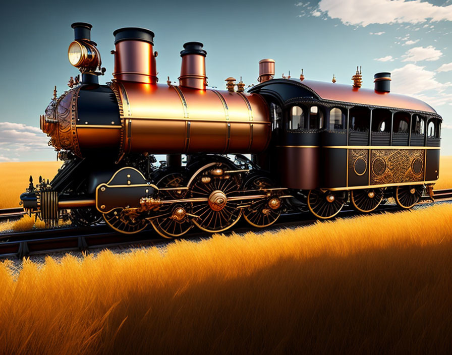 Vintage Steam Locomotive on Golden Wheat Fields at Twilight