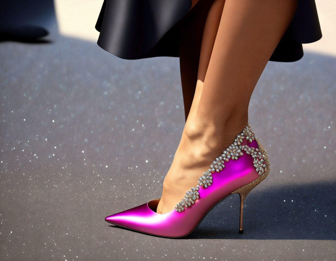 Sparkling pink high-heeled shoe on woman's foot among blurred legs.