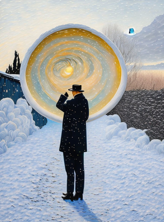 Silhouetted figure in hat and coat against swirling starry night vortex on snowy landscape