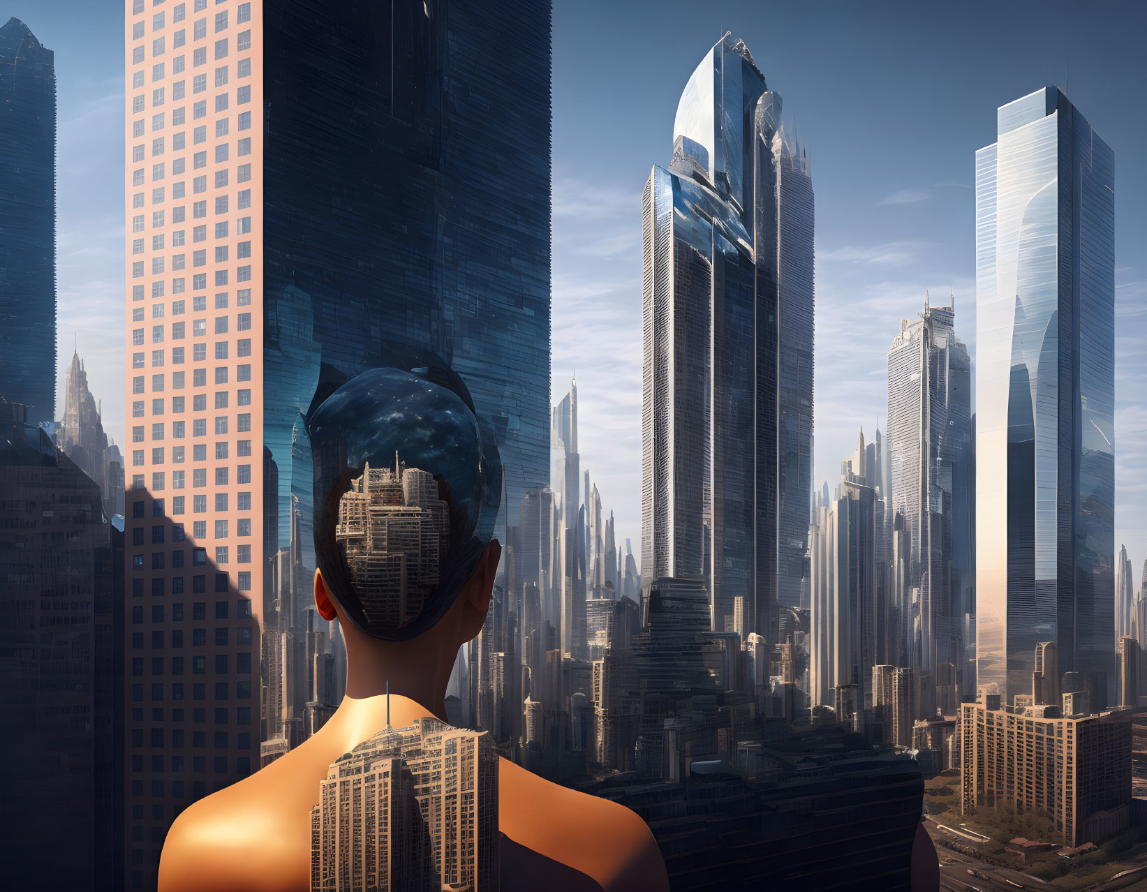 Person with Cityscape Head Observes Futuristic Skyline